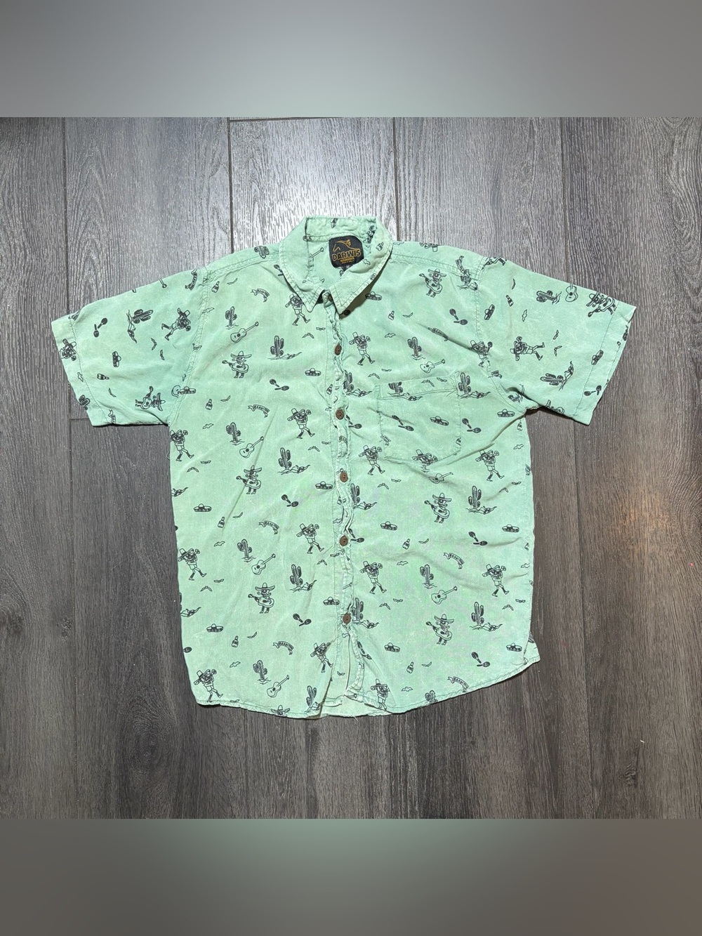 Darwis Short Sleeve Button Front AOP Shirt Cactus Skeleton Green Men’s Medium